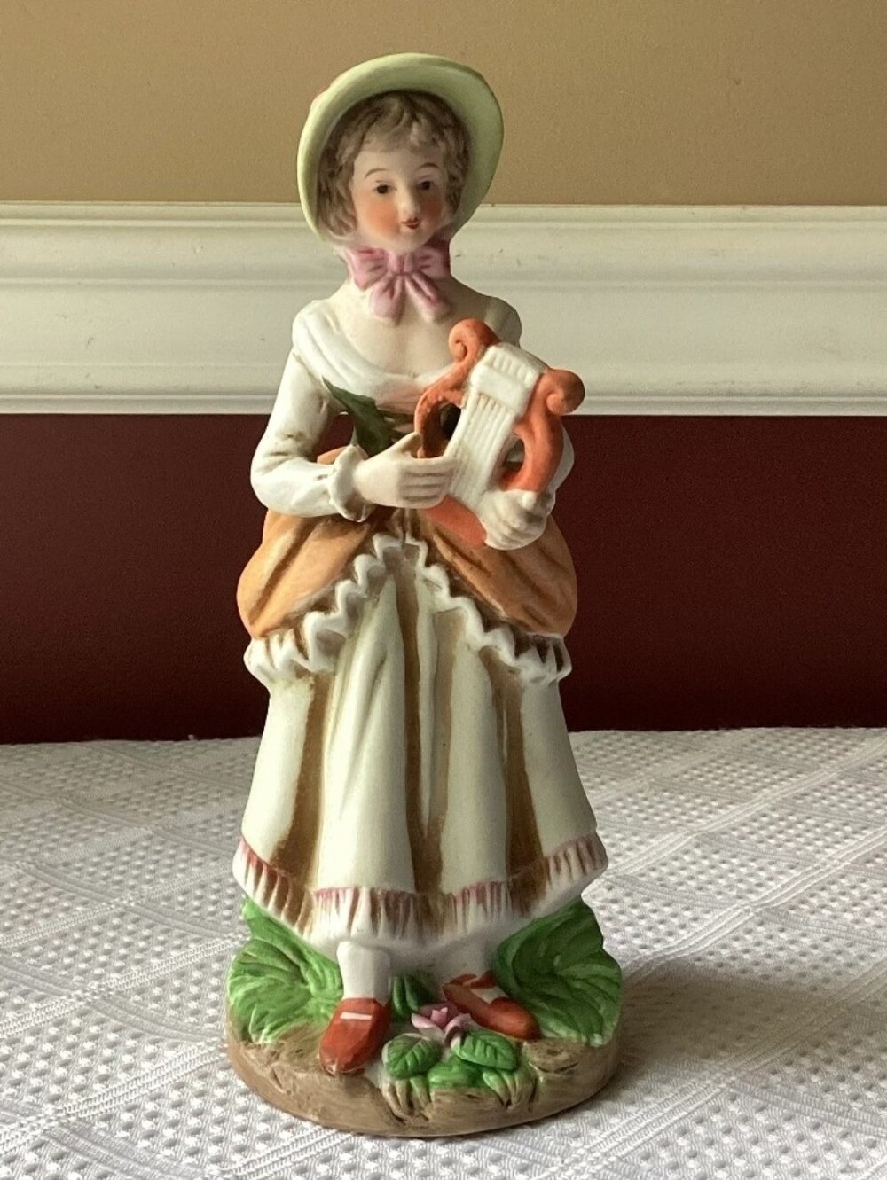 Vintage Ceramic Victorian-style Lady Musician Figurine, 8" Tall
